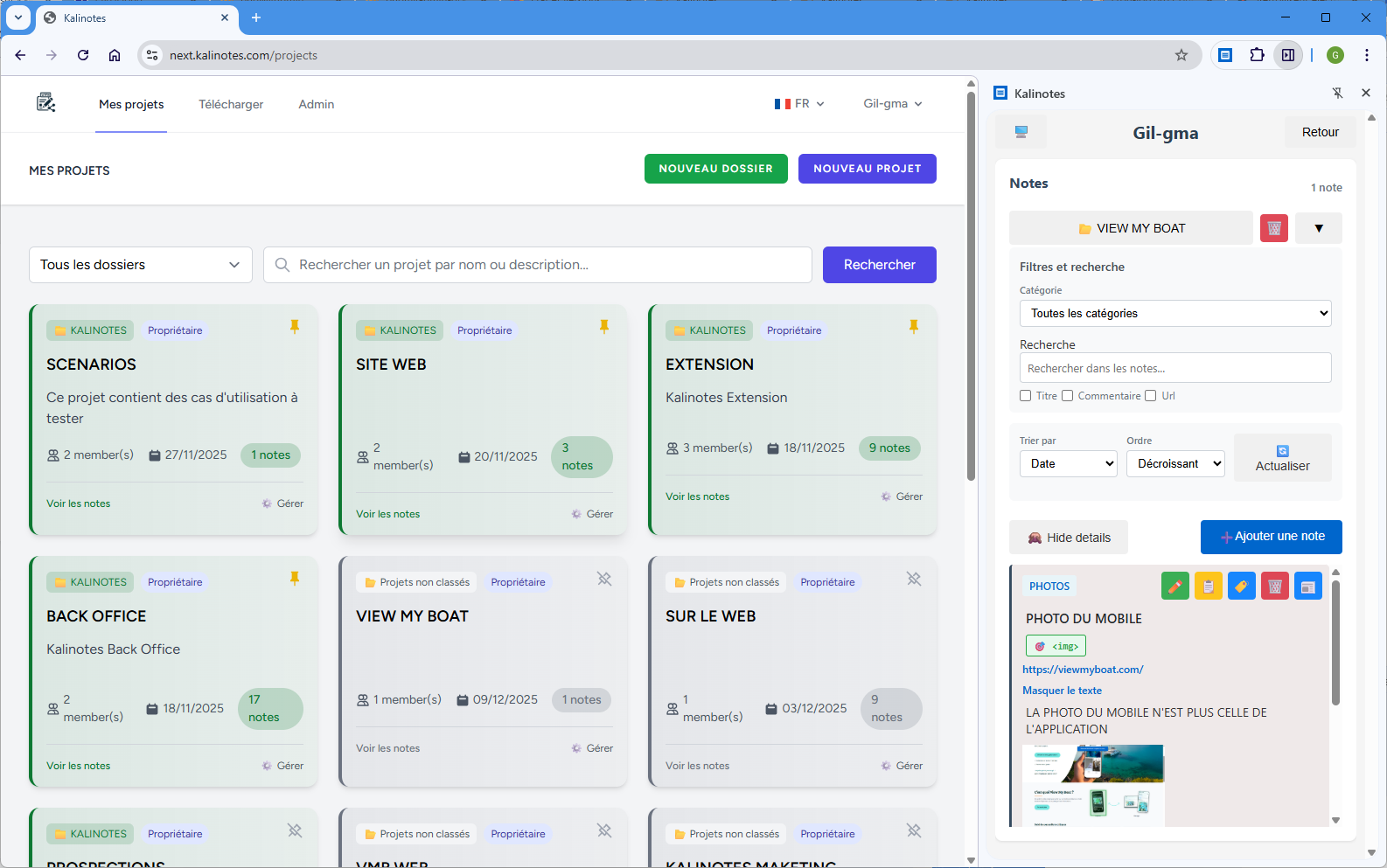 Vue d'ensemble du dashboard Kalinotes regroupant tous les projets et notes